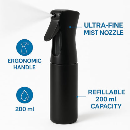 Continuous Spray Bottles 2-Pack – Refillable, Leak-Proof Mister for Hair Styling, Barbers, Cleaning, Plant Care, Scents (White & Black, 6.8 fl oz/200ml)