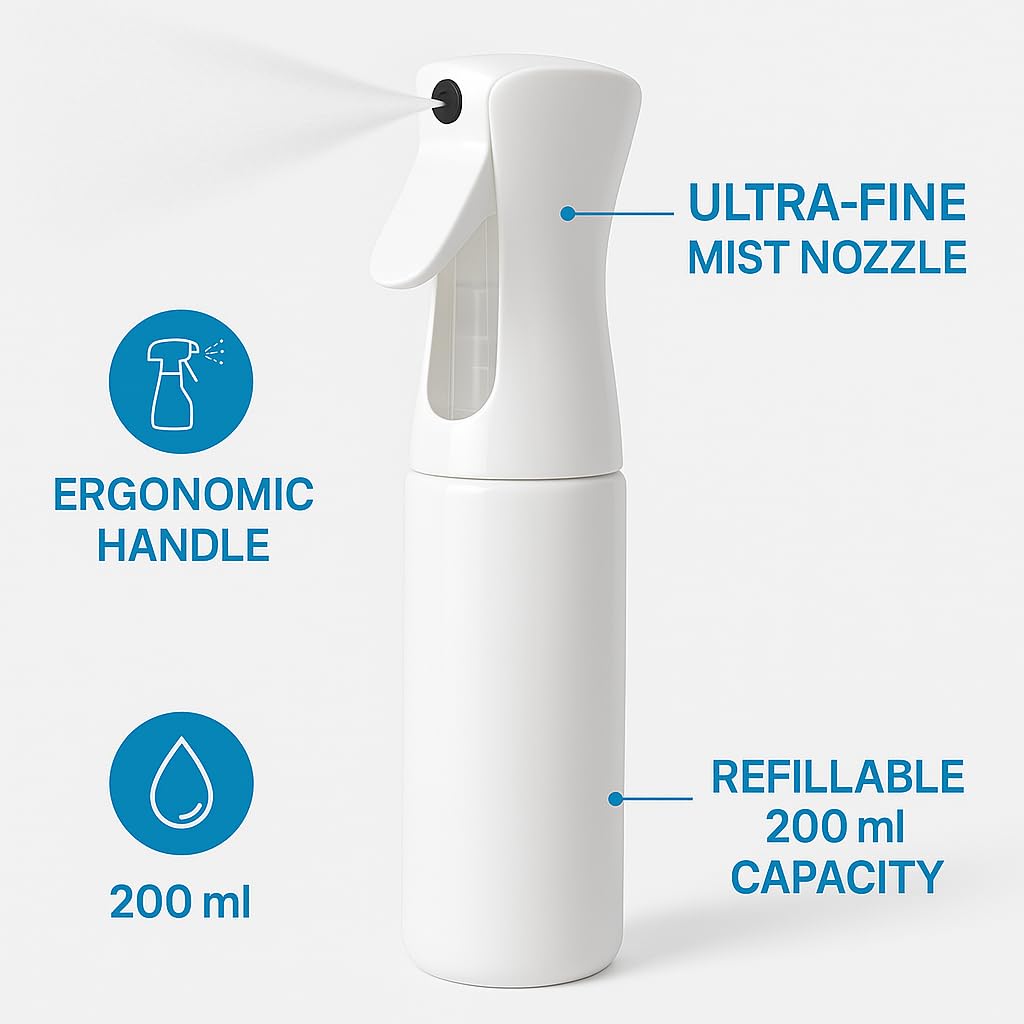 Ultra-Fine Continuous Spray Bottle – Refillable, Leak-Proof Mister for Hair Styling, Barbers, Cleaning, Plant Care, Scents (White, 6.8 fl oz/200ml)